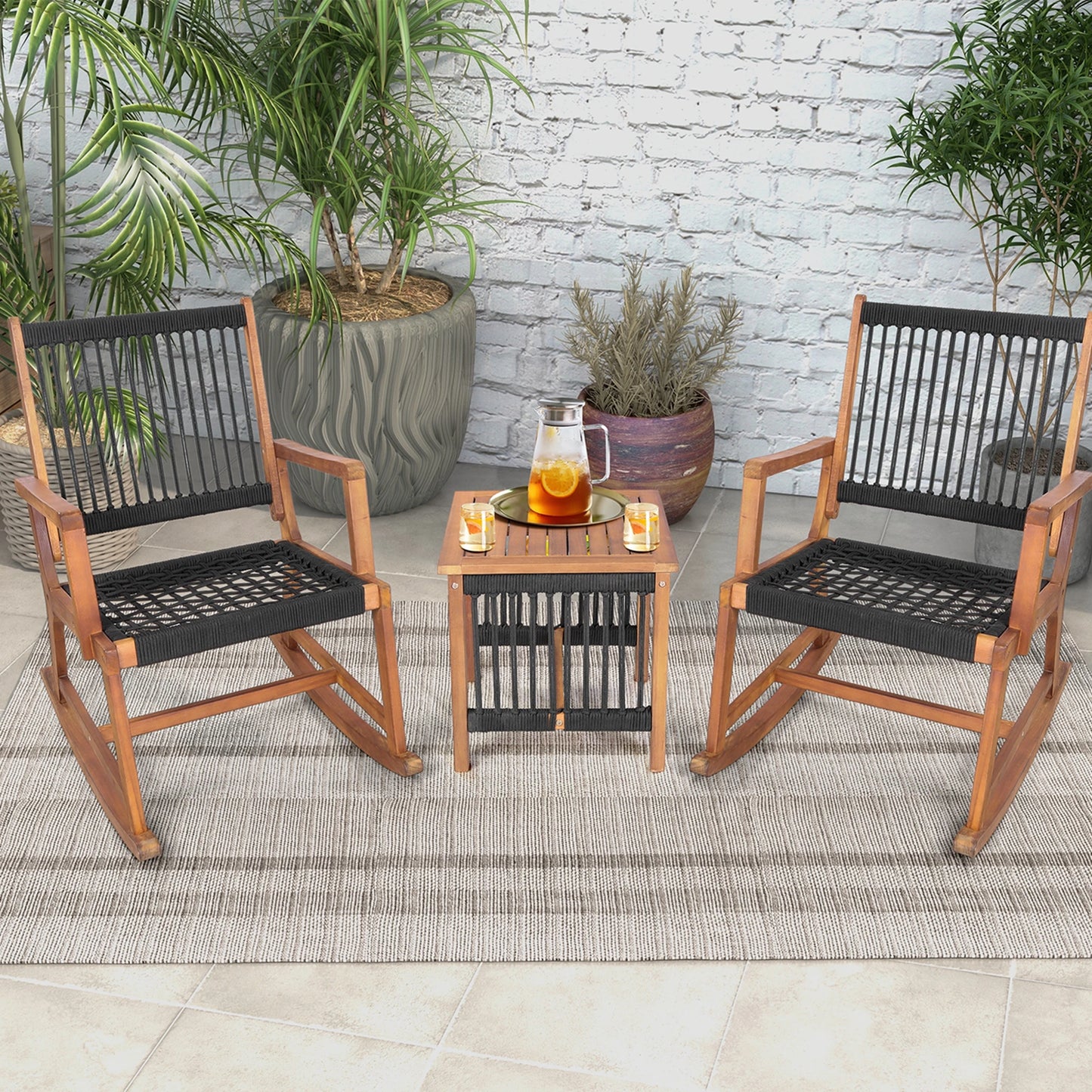 HOMASIS 3 Piece Acacia Wood Patio Bistro Table And Rocking Chairs Set