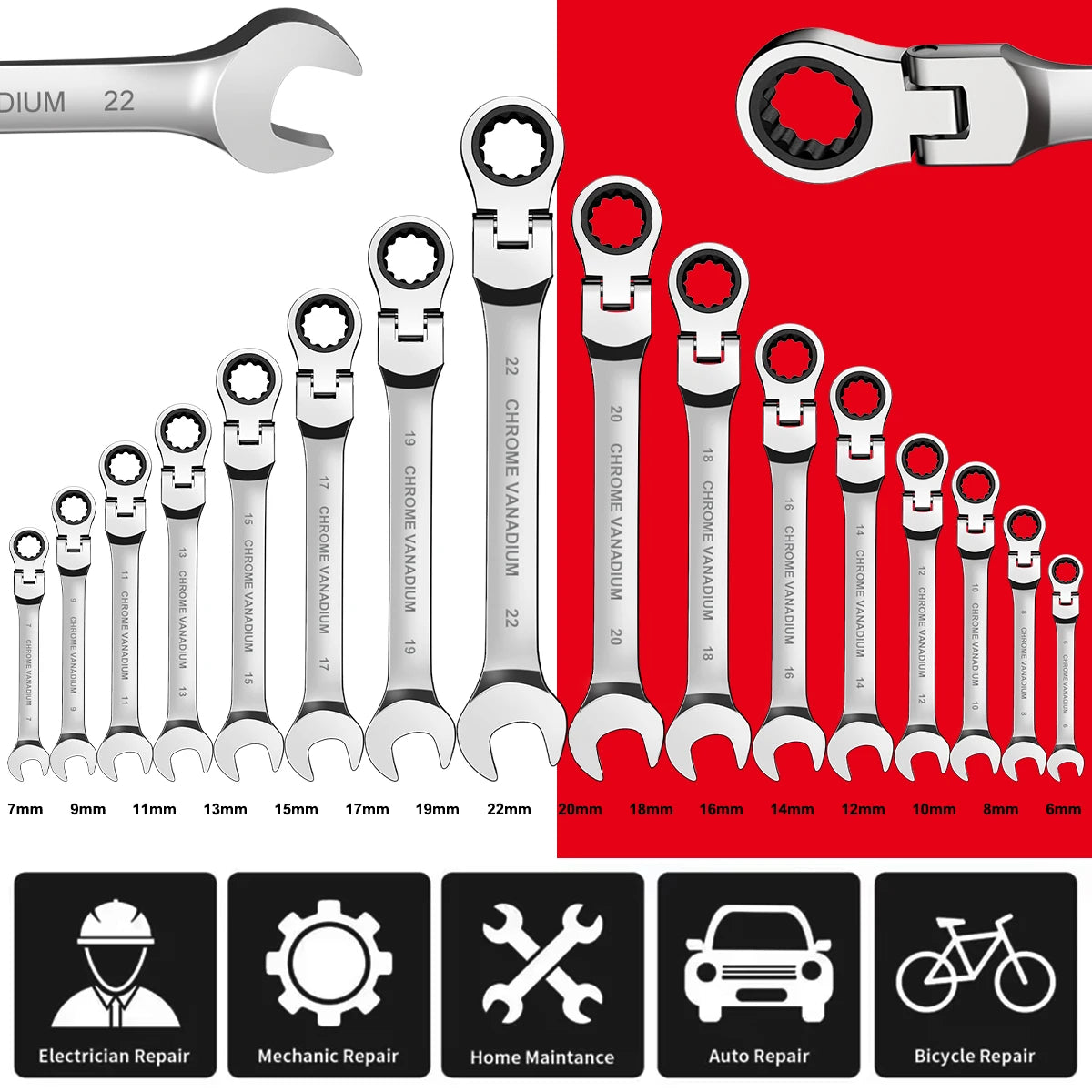 WOZOBUY Flex-Head Ratchet Wrench Set 72 Teeth Cr-V Steel