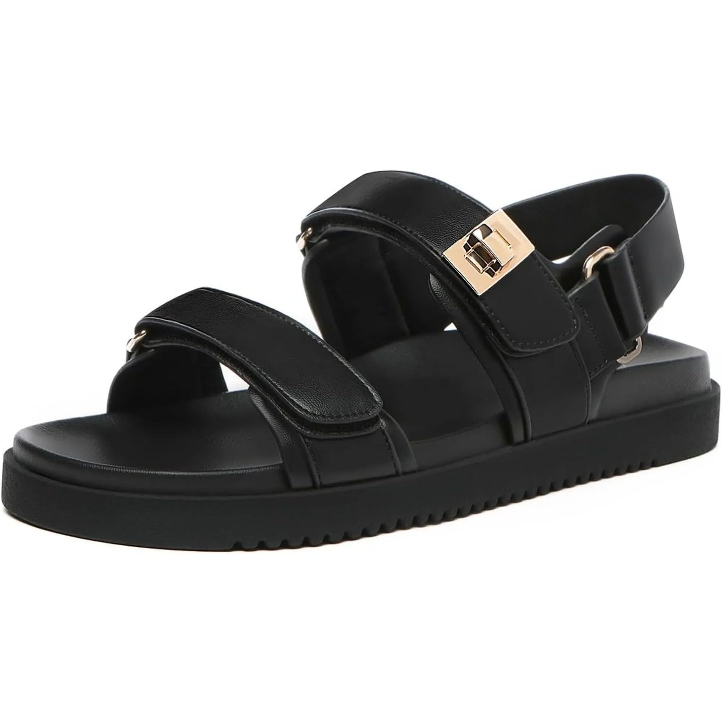 Women's Leather Flat Sandals With Adjustable Double Strap Comfort Footbed