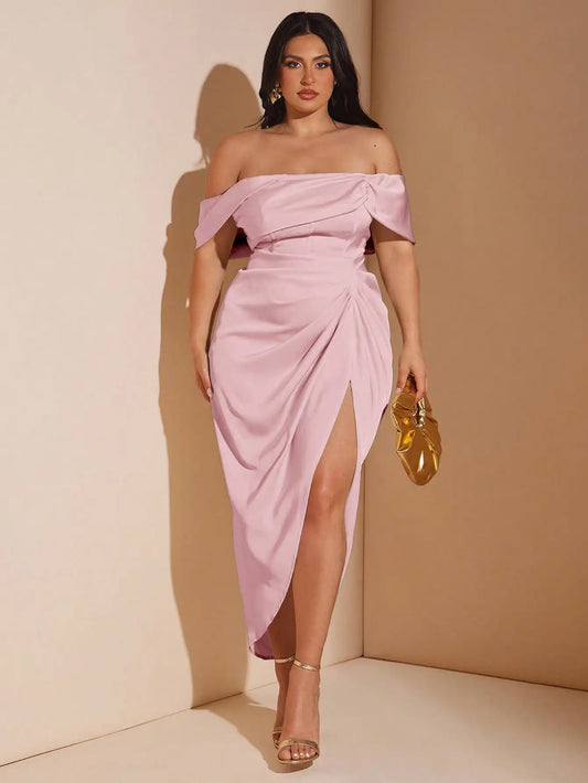 Elegant Off Shoulder Draped Satin Midi Dress For Wedding Bridesmaid