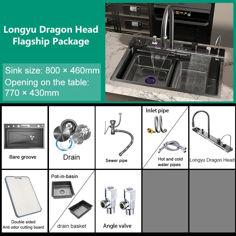 Various Waterfall Kitchen Sink Stainless Steel Multifunctional Large Single Slot Digital Display Sinks