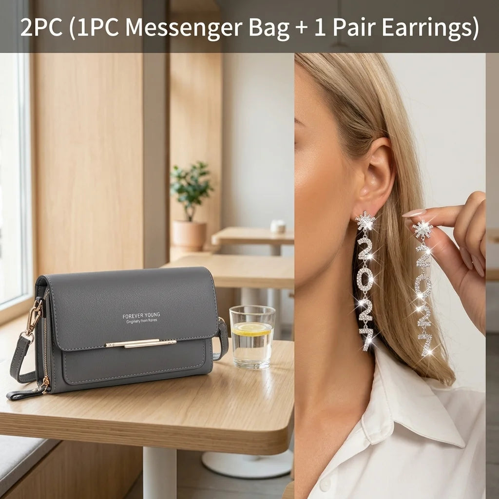 1 Pair Earrings or 2PC(1PC Messenger Bag+1 Pair Earrings )Women's Small Shoulder Crossbody Bag and Elegant Rhinestone 2027 Long Drop Earrings, Mobile Phone Card Wallet Bag,Casual Handbag for Party Birthday,Daily Use Holiday G