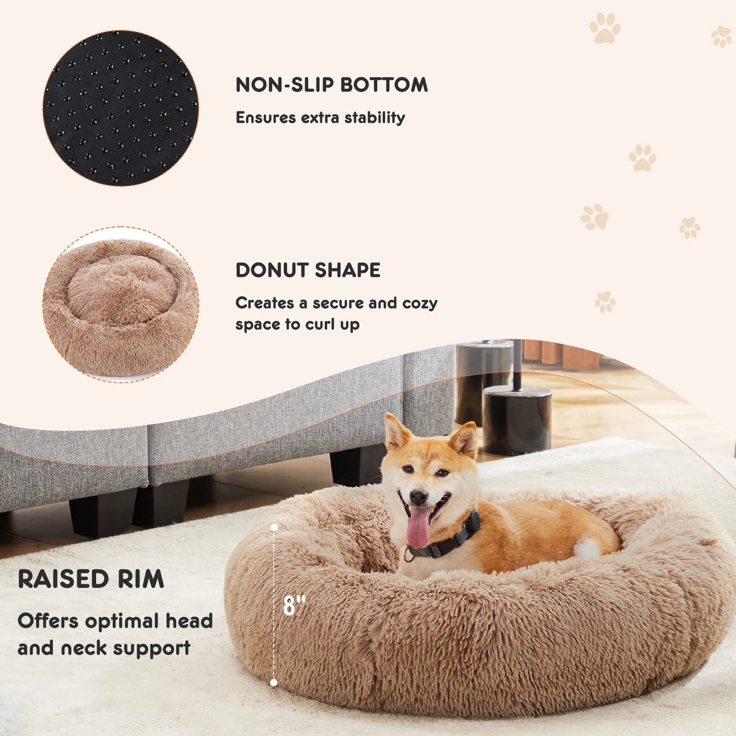 JHK Calming Dog Bed for Medium to Large Dogs Washable Large Pet Bed Anti-Slip Round Fluffy Plush Faux Fur Dog Bed - Louie's Joint 