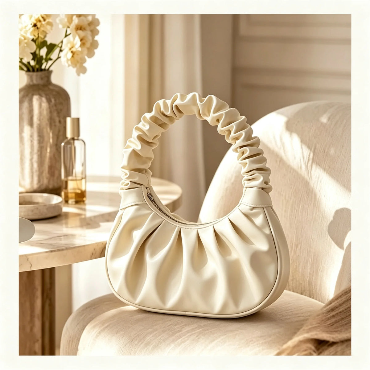 The Women Ruched Cloud Shoulder Bag Pleated PU Leather Crescent Hobo Handbag Soft Zipper Underarm Purse Daily Party Casual Ladies Hand Bags