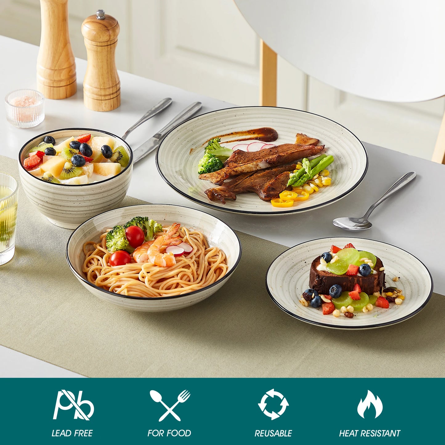 vancasso 24/48 Piece Beige Plates Dinner Sets Ceramic Dinnerware Sets Handpainted Spiral With 6 Dinner Plate/Dessert/Soup/Bowl - Louie's Joint 