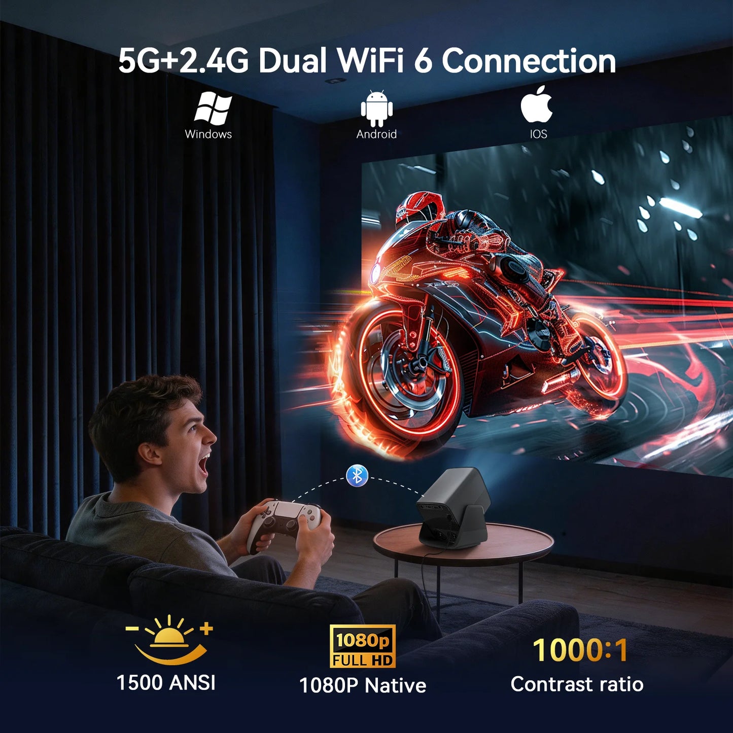 X5AR 8K Support Projector Native 1080P, Android 14 5G WiFi 6 BT5.4, Smart Auto Keystone Portable for Home Theater & Camping