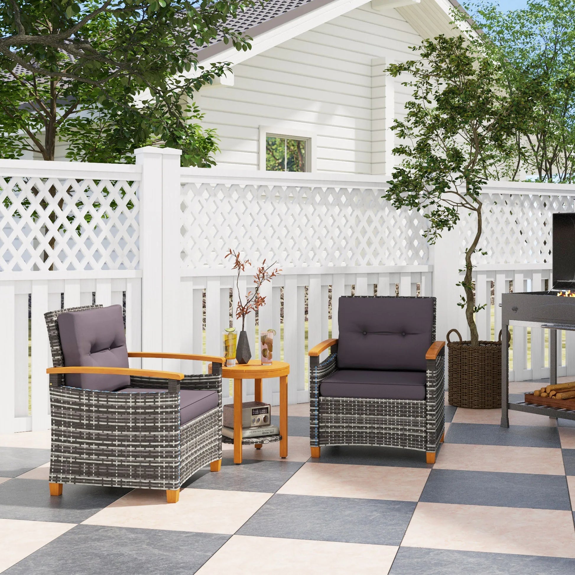 3 Pieces Wicker Patio Bistro Set Outdoor with Cushions, Gray - Louie's Joint 