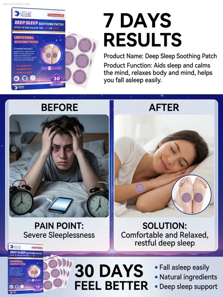 30 nighttime sleep-aid patches with a herbal scent, suitable for all ages.