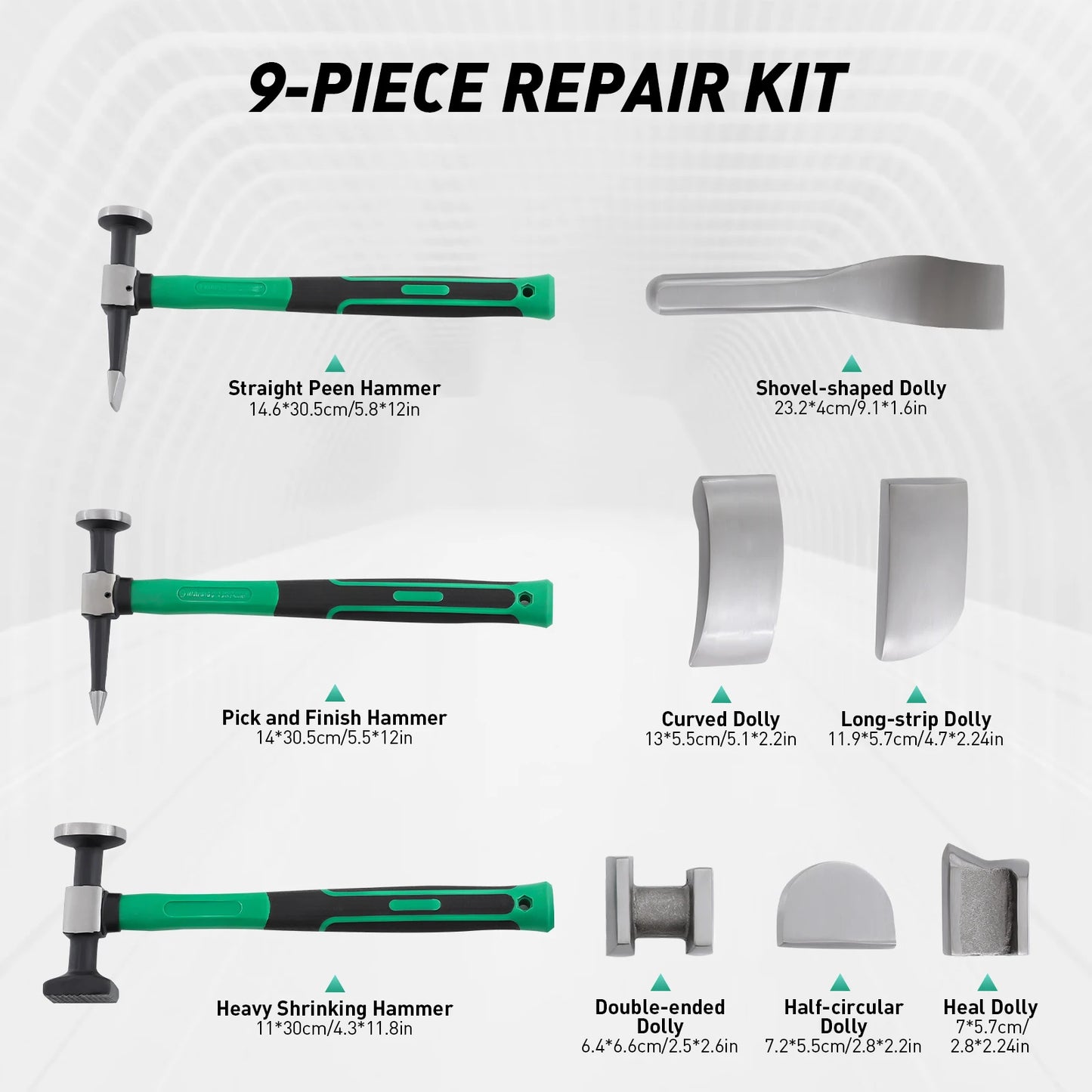 Car Dent Repair Tool Kit 9 Piece Set With Steel Sheet Metal Hammers