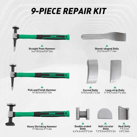 Car Dent Repair Tool Kit 9 Piece Set With Steel Sheet Metal Hammers