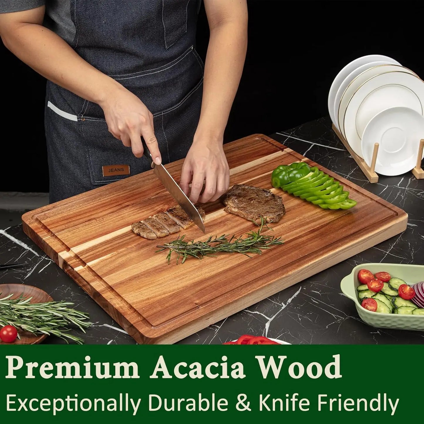 Extra Large Acacia Wood Cutting Board Thick Butcher Block Chopping Board with Side Handles for Meat Vegetables Fruit - Louie's Joint 
