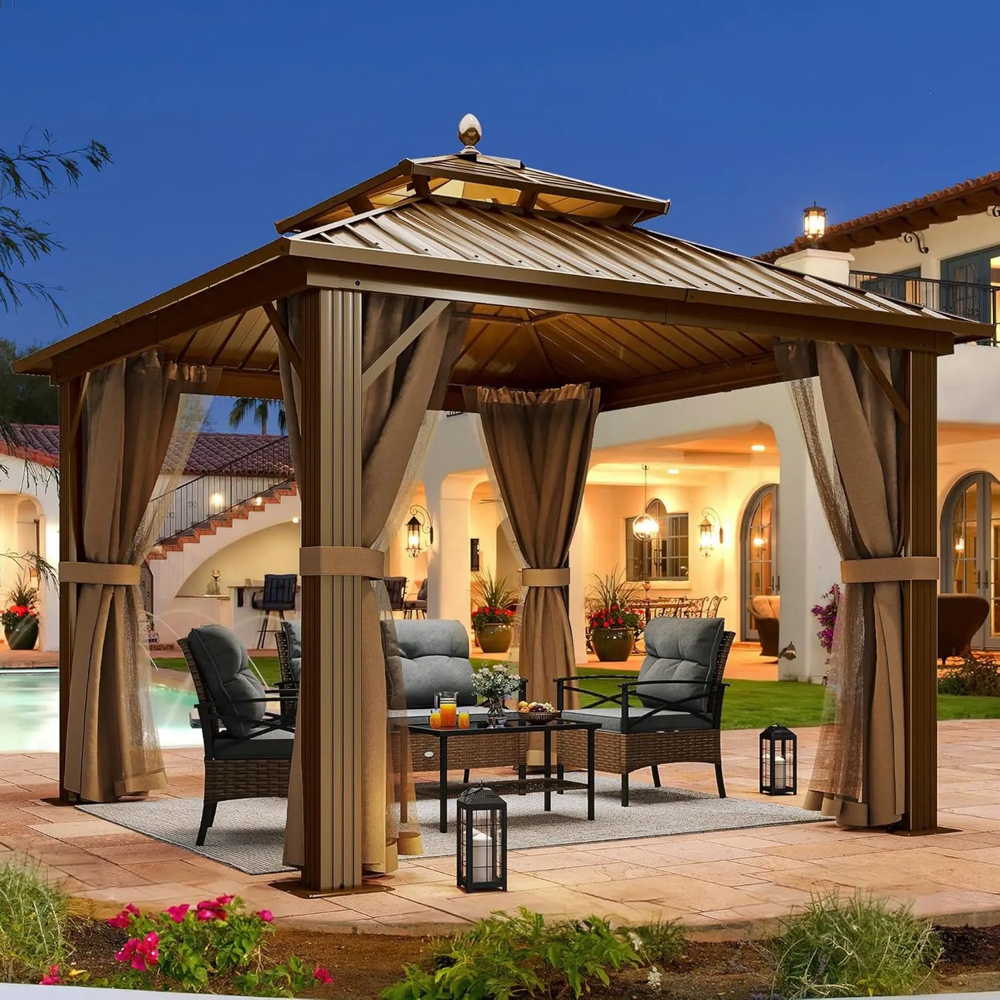 Hardtop Gazebo With Nettings And Curtains For Outdoor Patio