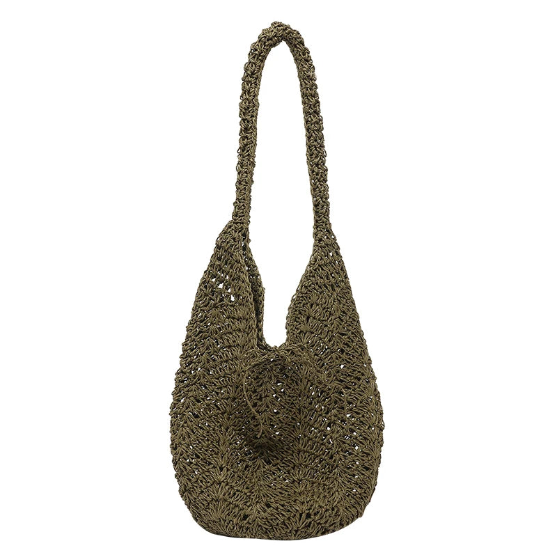 Women Straw Woven Shoulder Bag Handwoven Beach Tote Purse