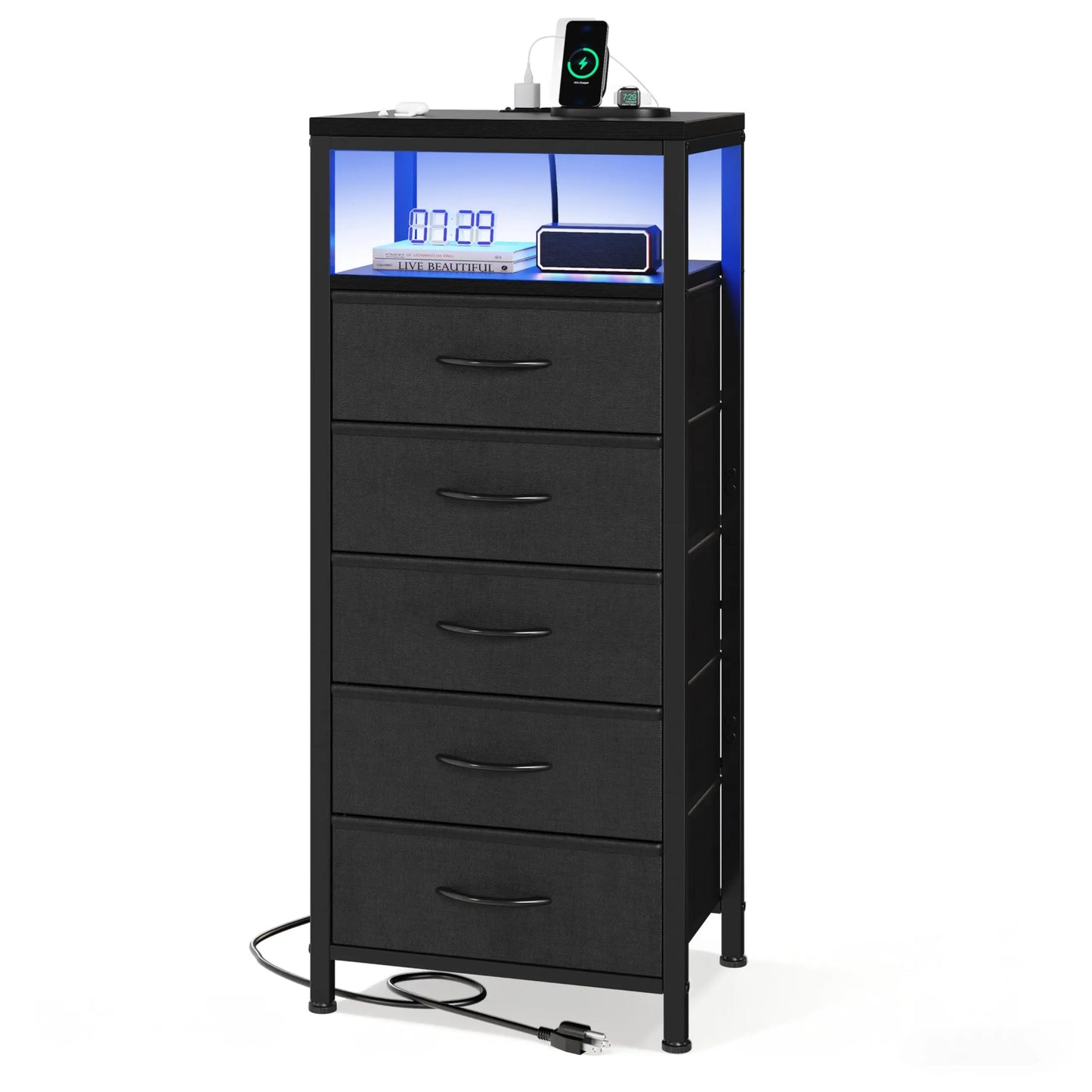 JHK 5 Fabric Drawers Dresser For Bedroom Nightstand with Charging Station and Outlets Adjustable Feet and Variable Light Strip