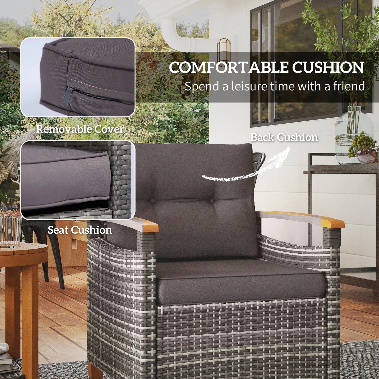3 Pieces Wicker Patio Bistro Set Outdoor with Cushions, Gray - Louie's Joint 