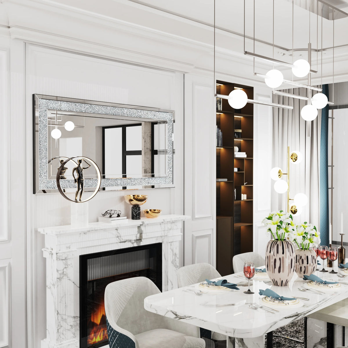 48' X 24' Crush Diamond Wall Mirror Large Decorative Glam Silver Vanity with Beveled Glass Sparkly Crystal Frame Edge