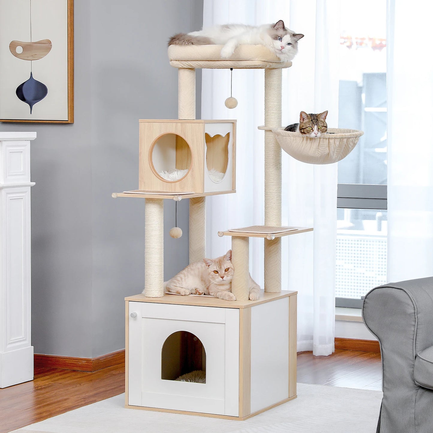 Multi-Level Cat Tree for Indoor Wood Cat Tower with Scratching Posts Spacious Condo Hammock Top Perch Cat Scratcher Cat Toys - Louie's Joint 