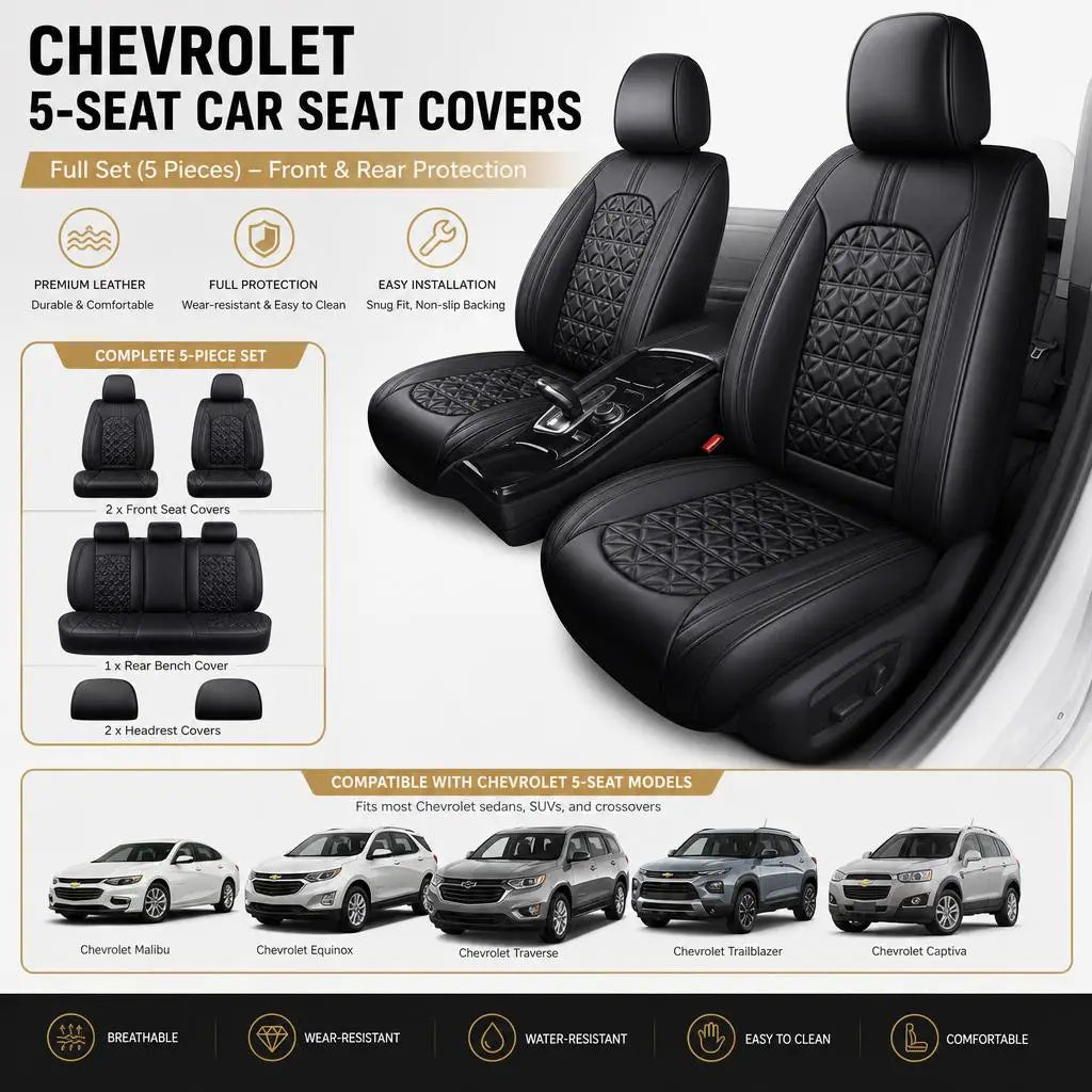 Premium Interior Car Seat Cover Set For Chevrolet 5 Seat PU Leather Front Rear Cushion Protector Full Coverage Accessories