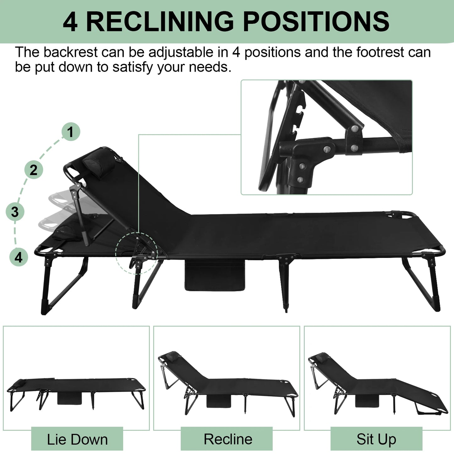 Portable Folding Camping Cot With 3 Position Reclining Lounge Chair