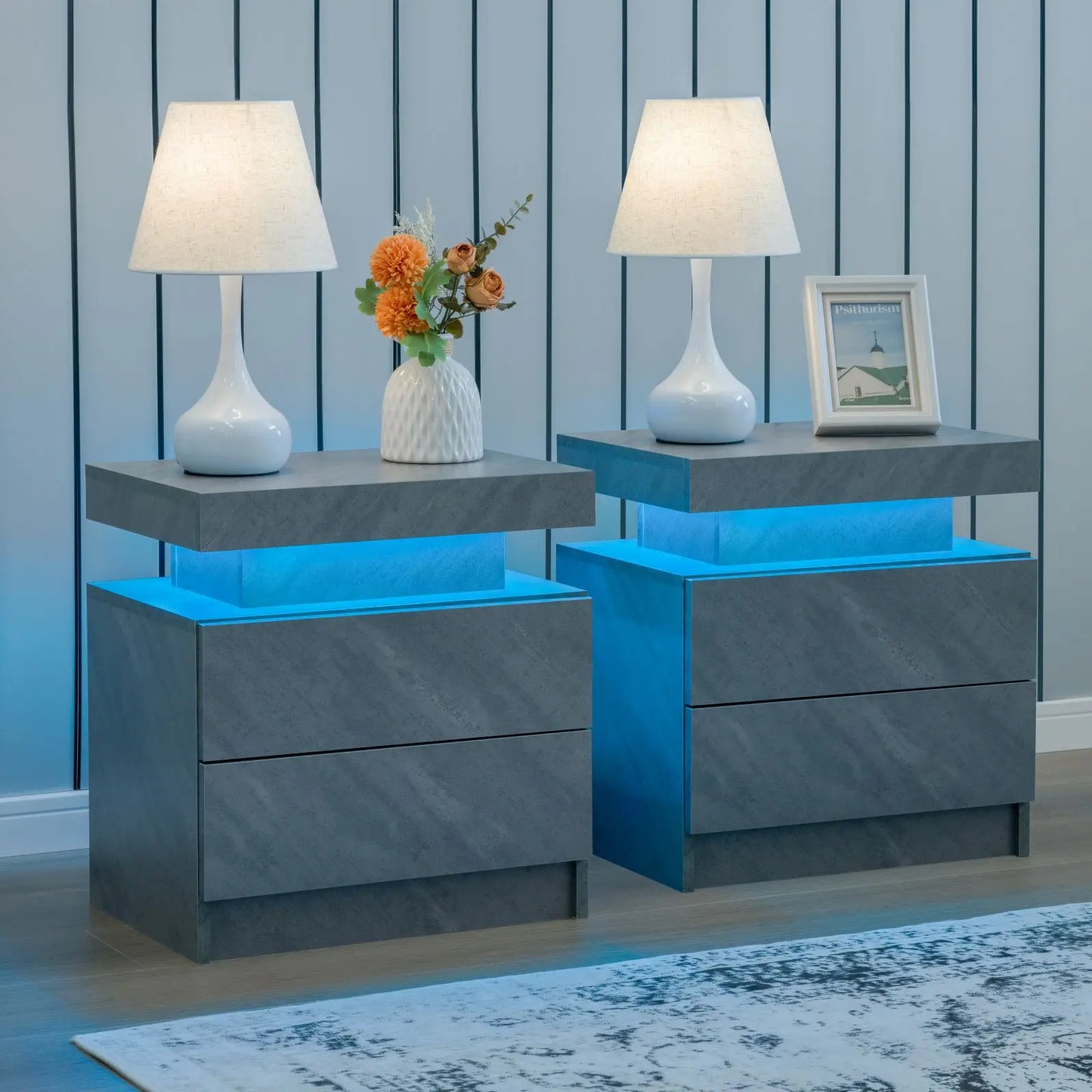 Cubehom Nightstand Pair With LED Drawers Bedside Tables