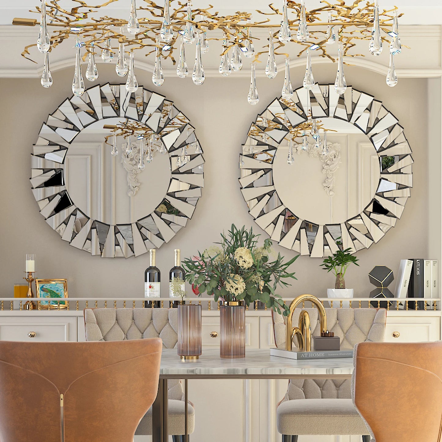 32" Wall Mirrors Decorative Round Sunburst Mirror for Wall Decor Modern Silver Glass Wall-Mounted Beveled Hanging Circle Accents - Louie's Joint 
