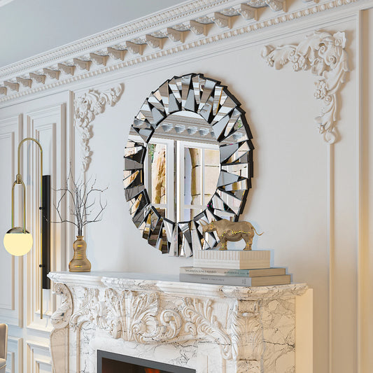 32" Wall Mirrors Decorative Round Sunburst Mirror for Wall Decor Modern Silver Glass Wall-Mounted Beveled Hanging Circle Accents - Louie's Joint 