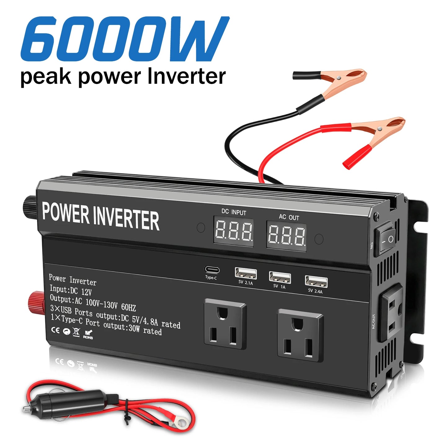 6000W Car Power Inverter DC 12V To AC 110V Pure Sine Wave Solar Power Converter 60Hz LCD Screen Display Portable Power Supply - Louie's Joint 