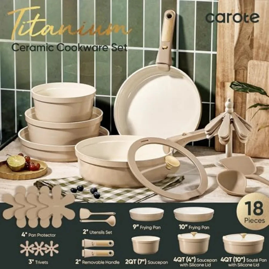 Ceramic Cookware Set 18 Pcs Nonstick With Detachable Handles