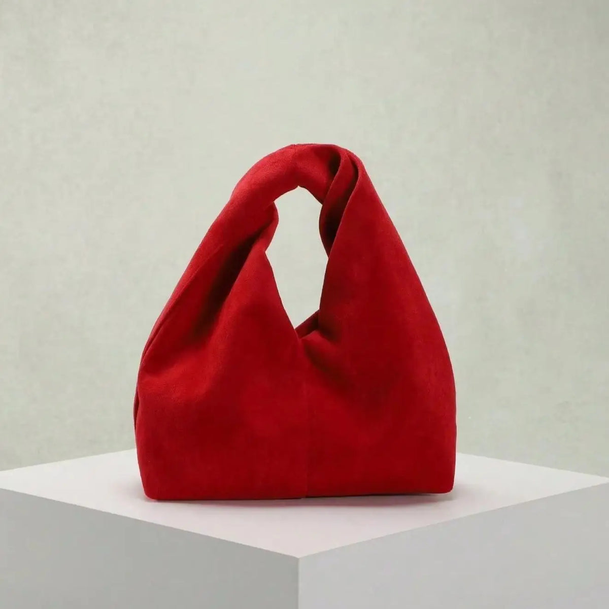 1Pc Red Suede Twisted Handle Tote Bag, Soft Faux‑Suede Handbag, Minimalist Knot Top‑Handle Shoulder Bag, Women Casual Daily Shopping Hand Purse, Fashion Reusable Underarm Bag For Women Street‑wear