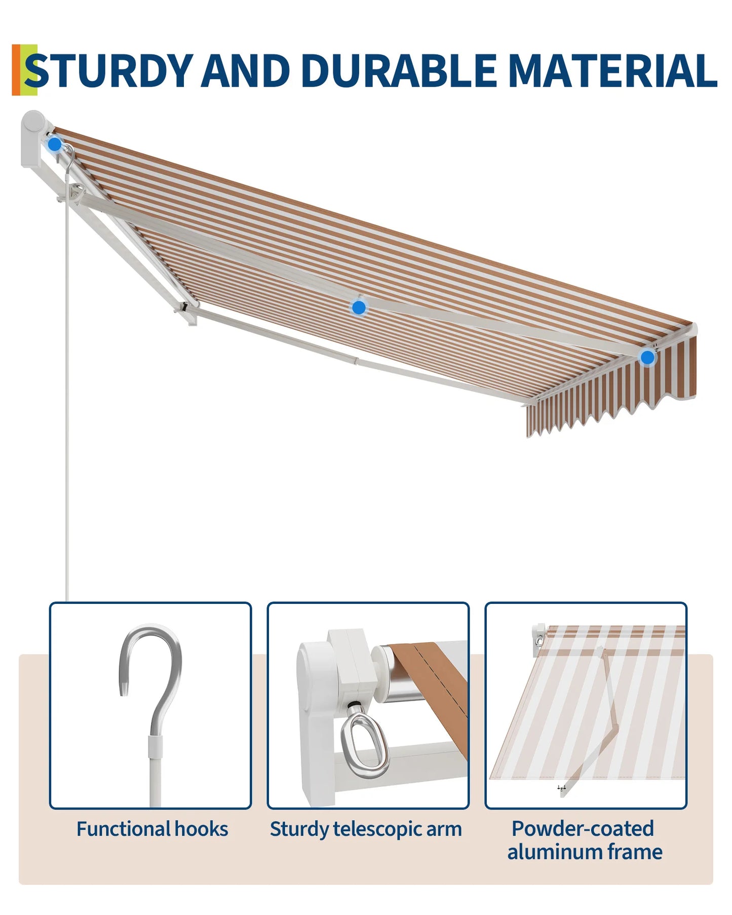 HiMISS Retractable Waterproof Patio Awning Manual Crank Aluminum Frame