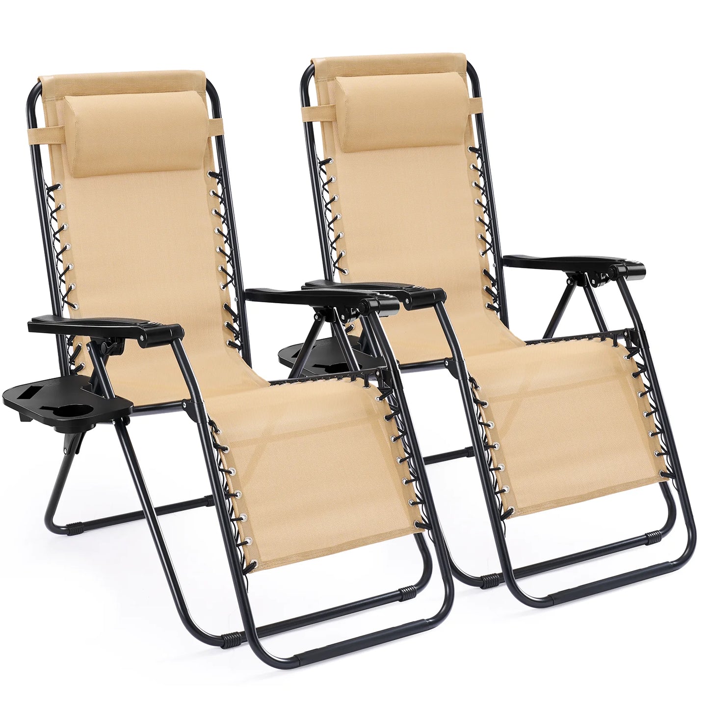 JHK Portable Zero Gravity Recliner Chairs Set of 2 Outdoor Garden Folding Lounge Chair with Cup Holder Trays Adjustable Pillow - Louie's Joint 