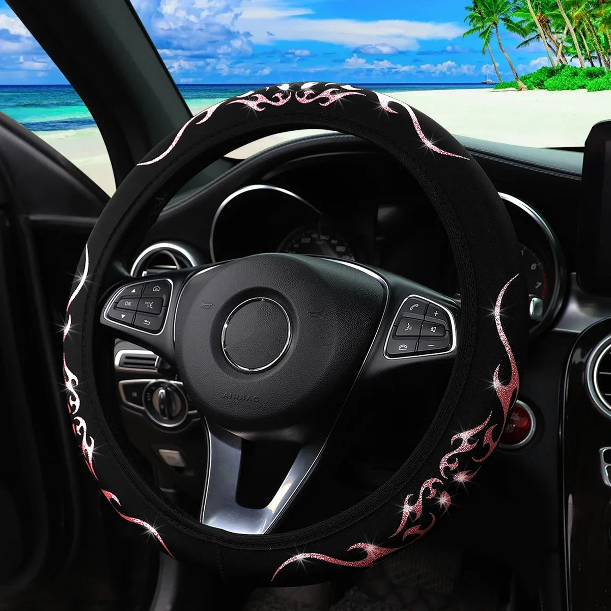 A Blingbling Flame Totem dynamic fabric car without inner ring steering wheel cover fits 14.5-15 inch automotive supplies - Louie's Joint 