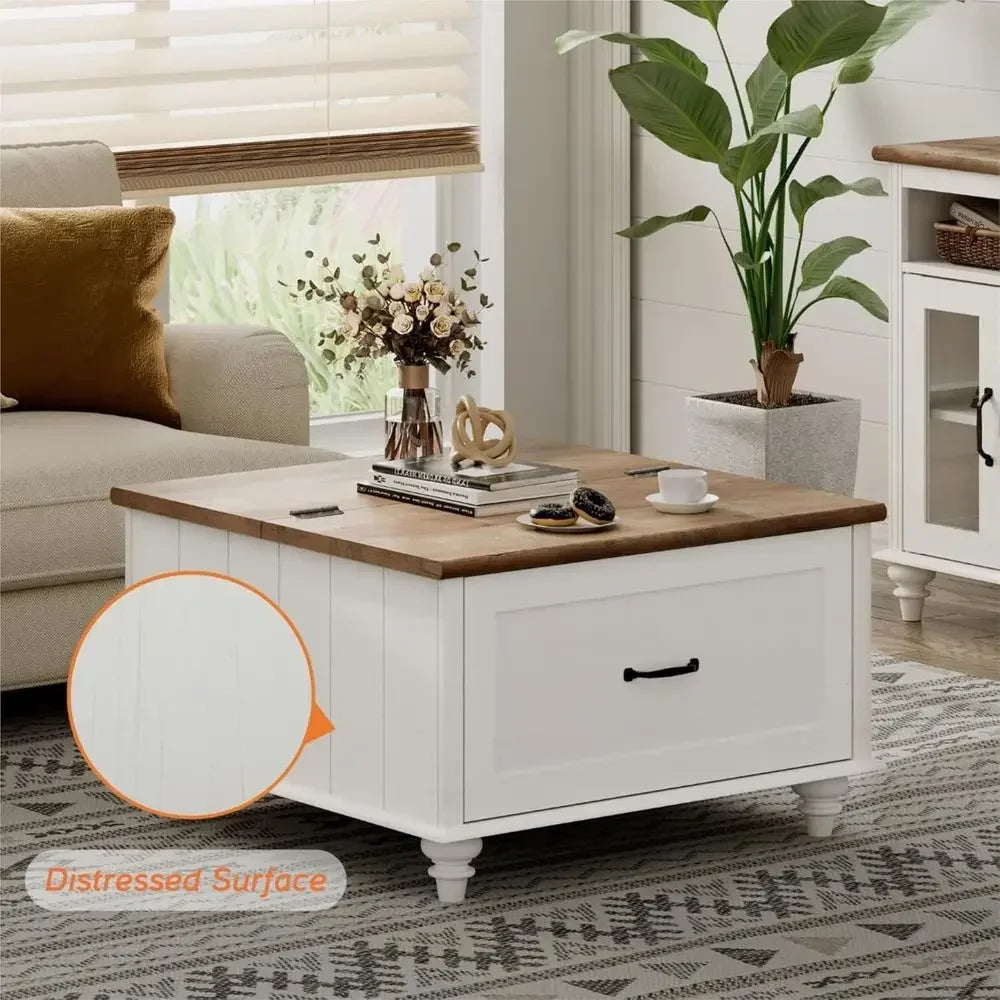 armhouse Lit Top Coee Table with Storage Cabinet, Square Coee Table with Large Der, Wooden Center Table or Living Room, Home, Oi