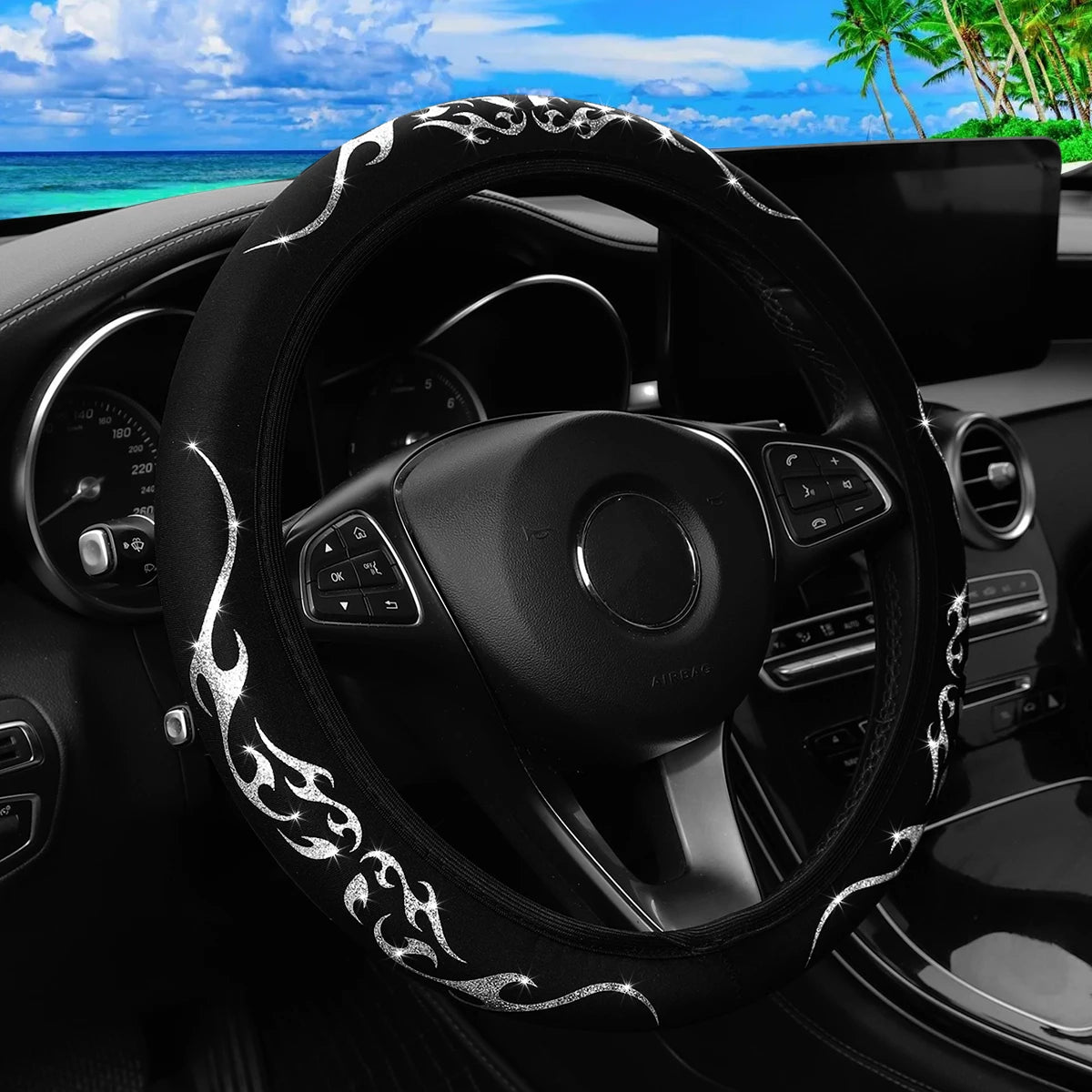 A Blingbling Flame Totem dynamic fabric car without inner ring steering wheel cover fits 14.5-15 inch automotive supplies - Louie's Joint 