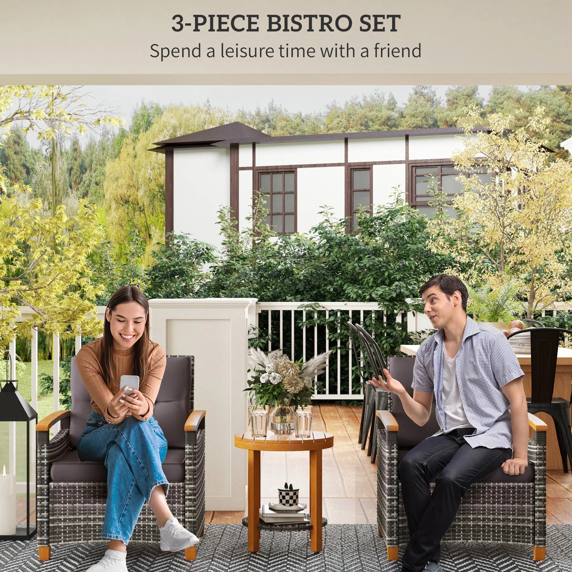 3 Pieces Wicker Patio Bistro Set Outdoor with Cushions, Gray - Louie's Joint 