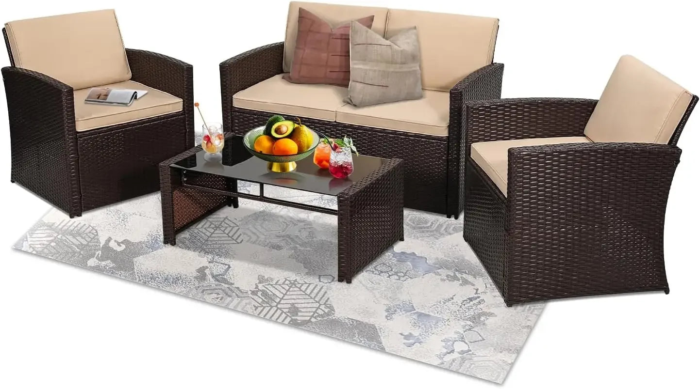 Outdoor Wicker Patio Conversation Set With Sofa And Table