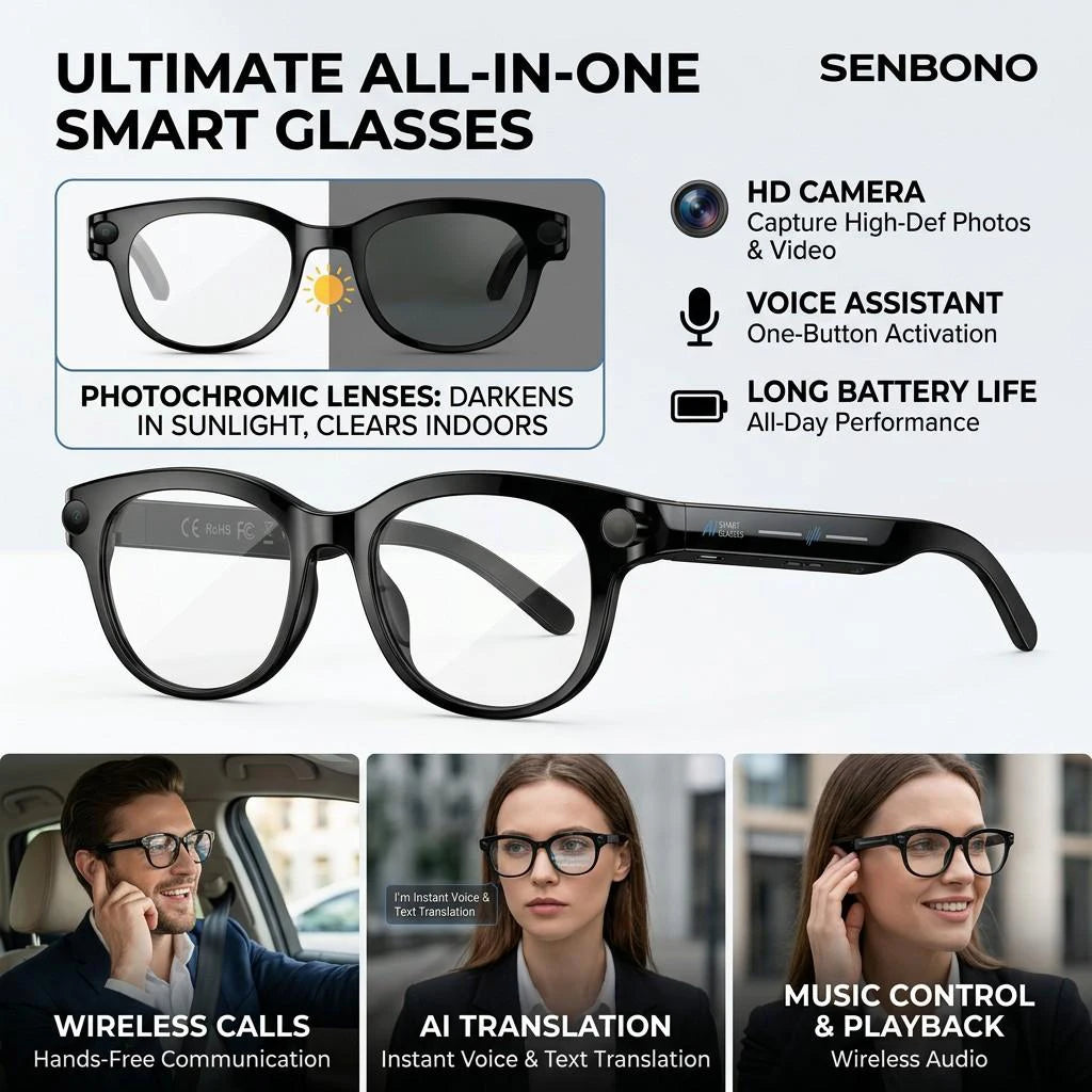 SENBONO AI Smart Glasses with  Camera Take Photo 2MP/5MP/8MP 1080P 4K Videos Smart AI Glasses AI Voice AI Photo Recognition AI Translation Wireless Calling Music Control Sunglasses for Men Women