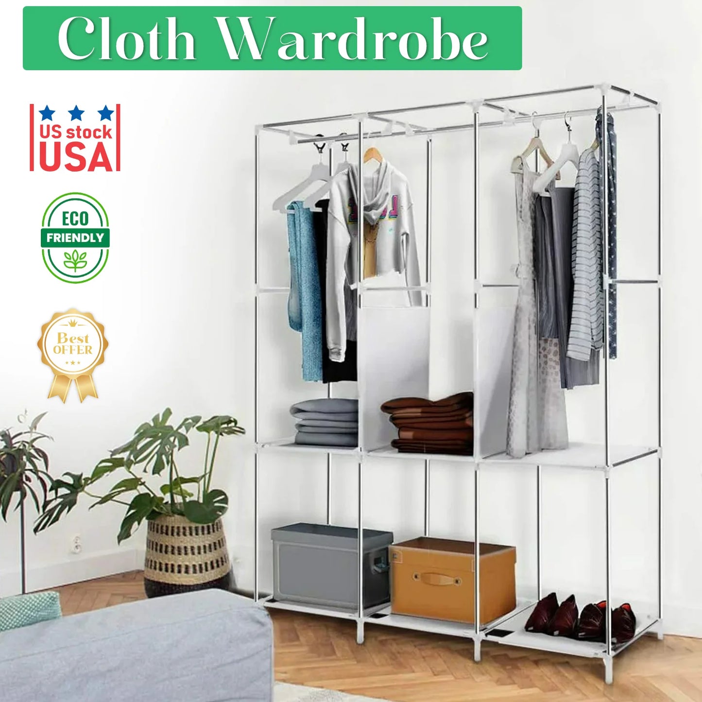 Closet Wardrobe Organizer Storage Rack Portable Clothes Shoe Clothing Shelf Dustproof Non-woven Fabric Quick and Easy to Assembl - Louie's Joint 