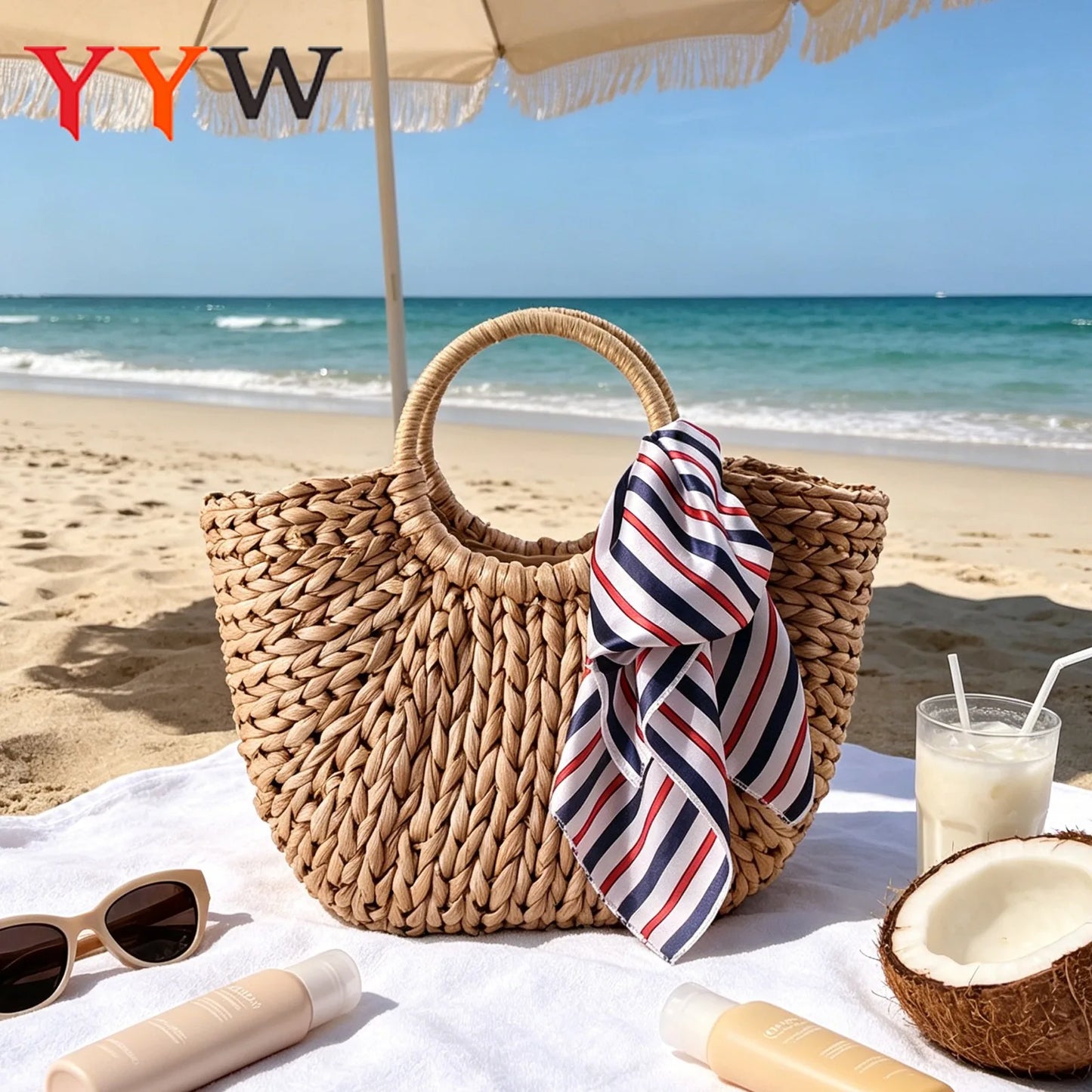 Straw Woven Handbags Beach Bag Handmade Woven Bucket Bag Shopping Tote Bag