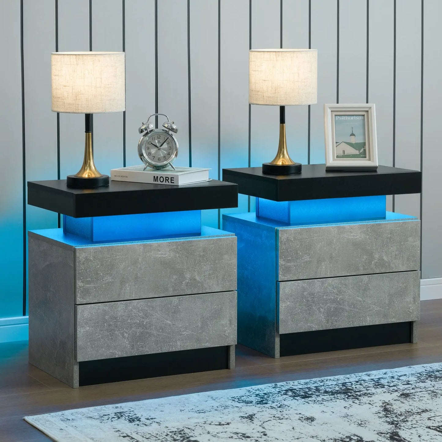 Cubehom Nightstand Pair With LED Drawers Bedside Tables
