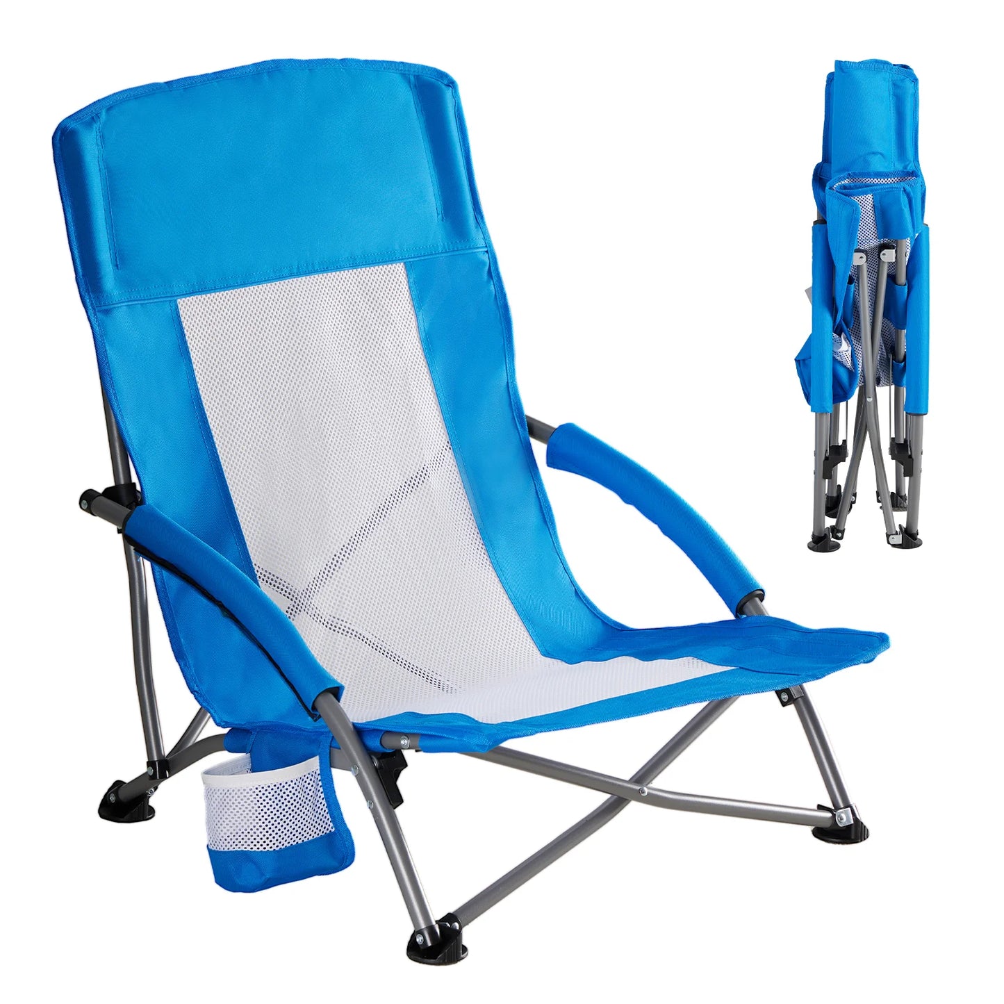 JHK Outdoor Portable Low Beach Camping Chair Folding Chair with Cup Holder Padded Armrests Sturdy Steel Frame Picnic Chair