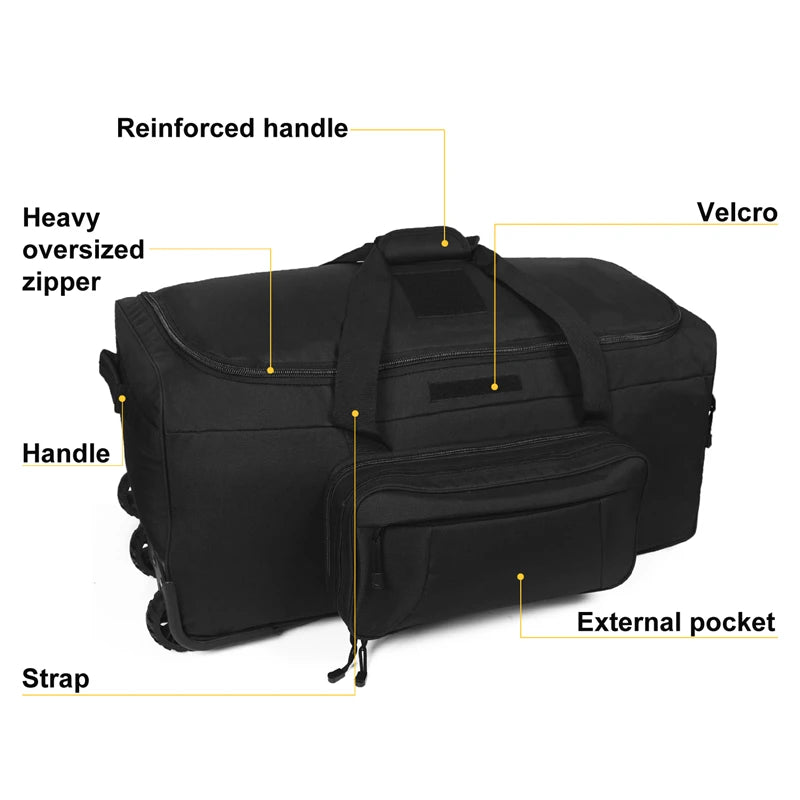 Q CN Tactical Duffel Bag Rolling Luggage for Heavy Duty Travel
