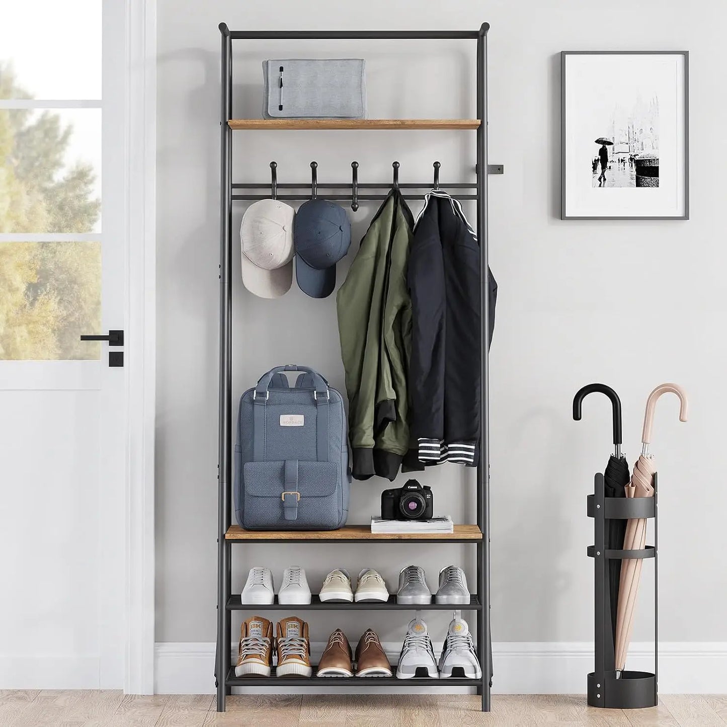 Coat Rack Hall Tree with Shoe Storage Bench, 4-in-1 Entryway Organizer Featuring 10 Hooks and 3 Tier Shoe Rack, Durable Metal Frame, Freestanding Storage Unit for Hallway, Single Row