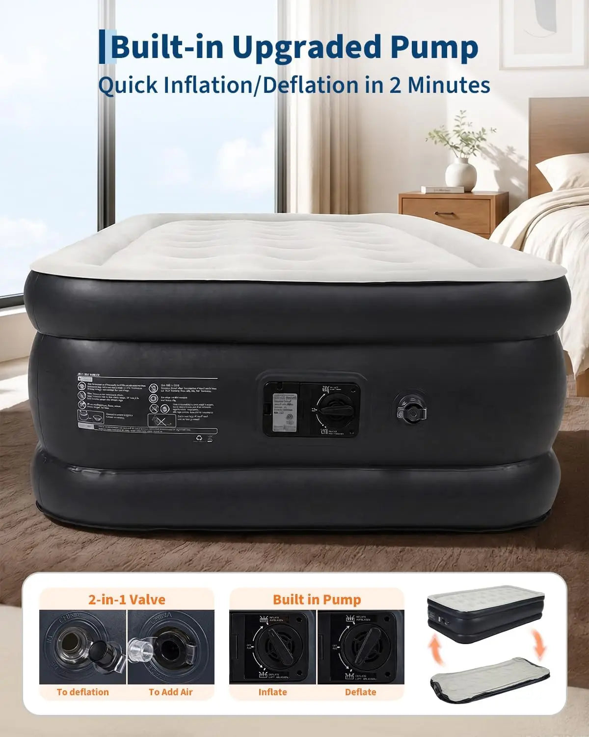 20in Raised Air Mattress Twin/Queen With Built-in Pump, Inflatable Bed For Guests, Vertical Coil Support, Leakproof PVC, Travel