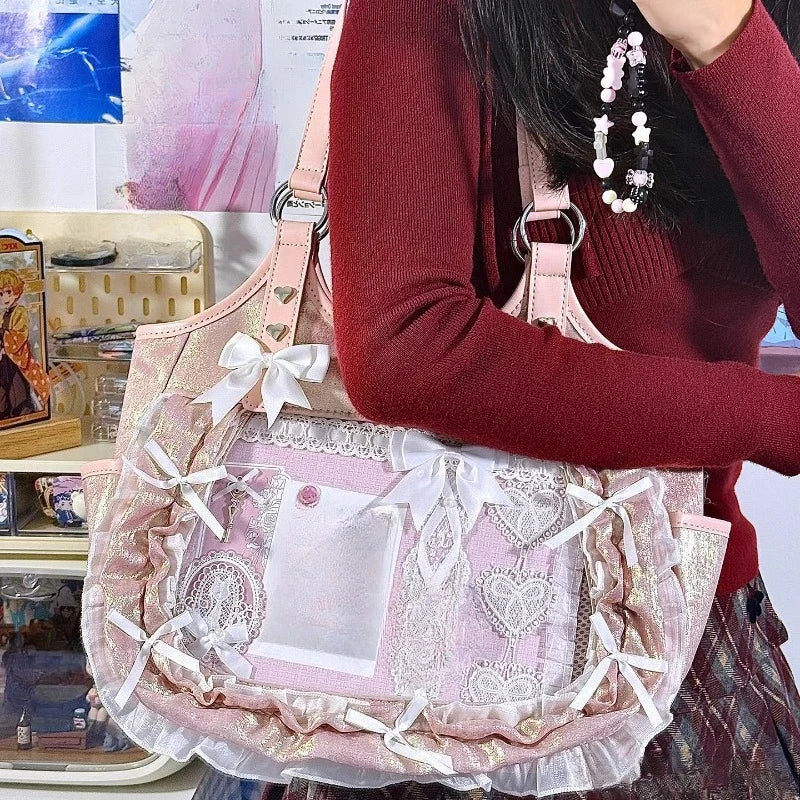 Luxury Design Ruffled Lolita Women Handbags Punk Gothic Bow Underarm Bag Transparent Sweet Lace Shoulder Ita Bags Y2k Aesthetic - Louie's Joint 