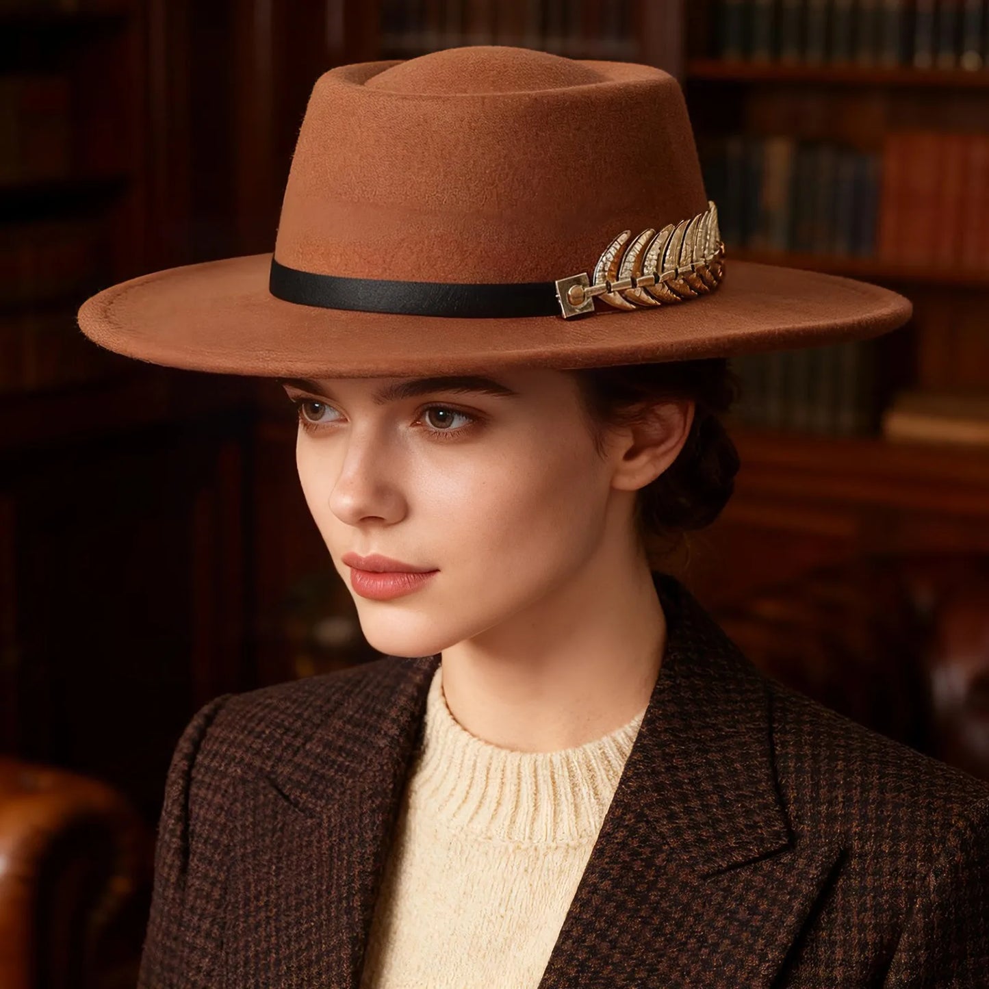 Womens Elegant Felt Cloche Flat Brim Hat with Metallic Fishbone Embellished Band - Louie's Joint 