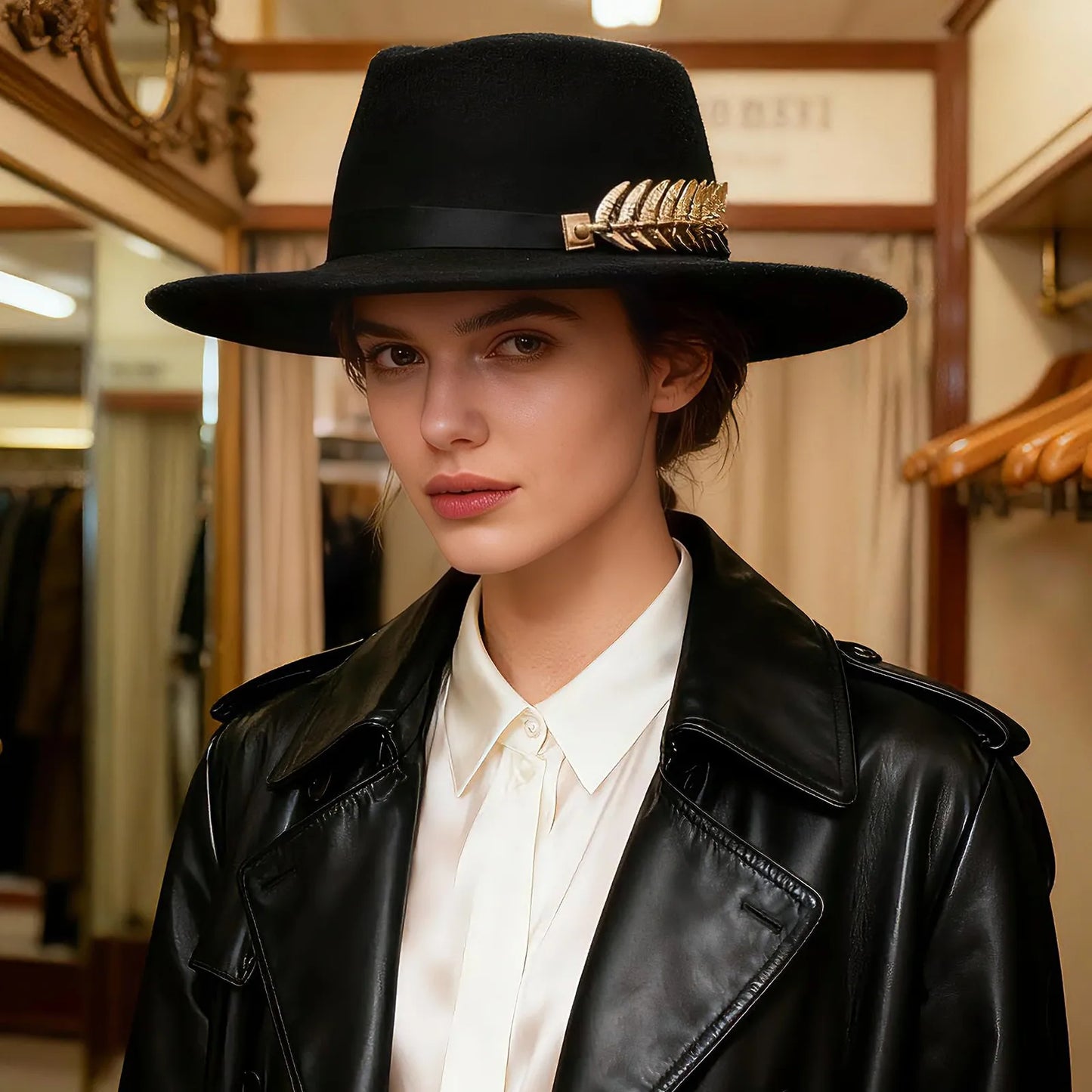 Womens Elegant Felt Cloche Flat Brim Hat with Metallic Fishbone Embellished Band - Louie's Joint 