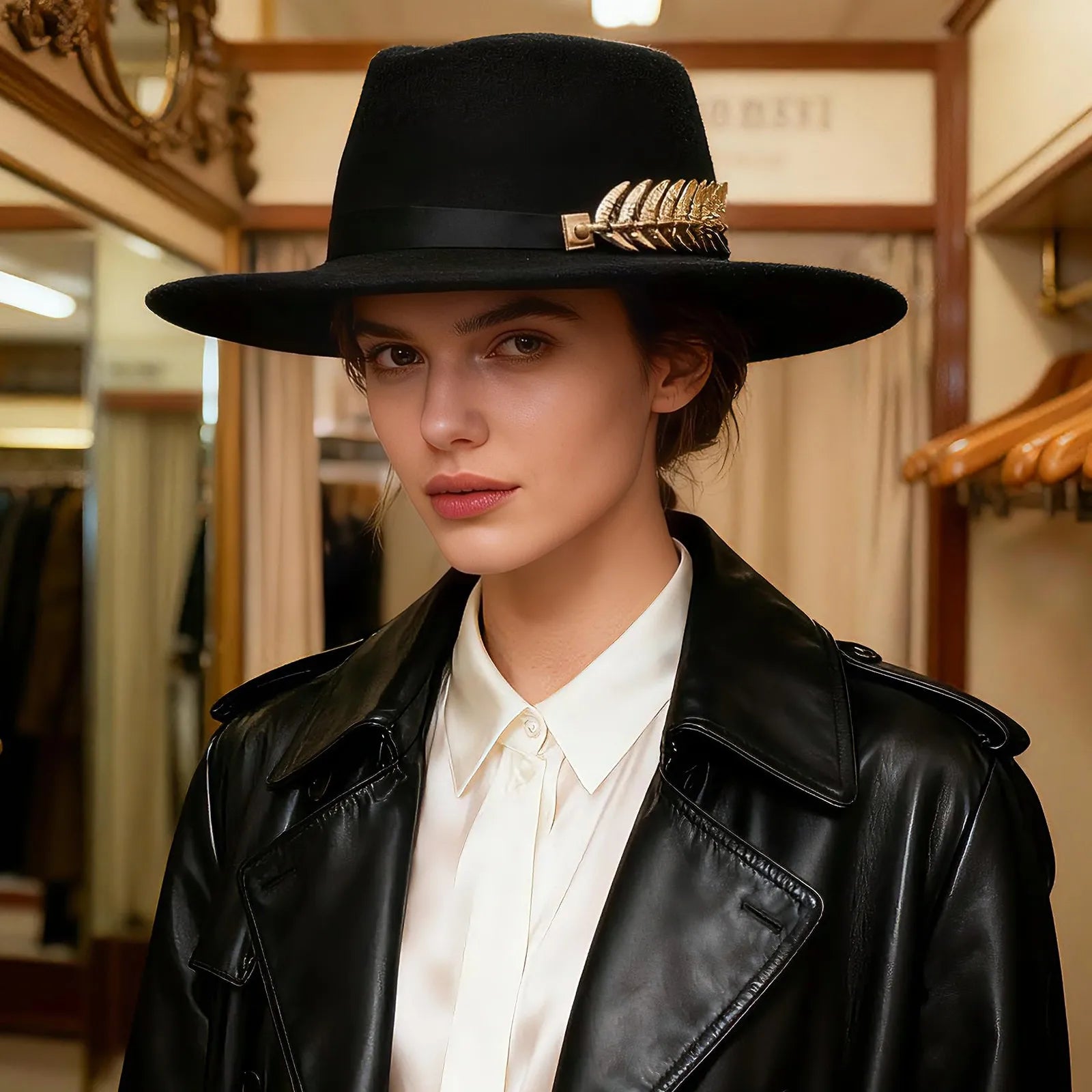 Womens Elegant Felt Cloche Flat Brim Hat with Metallic Fishbone Embellished Band - Louie's Joint 