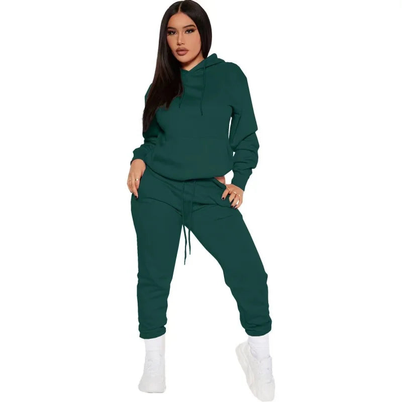 Winter Women Tracksuit Two Piece Set With Hooded Sweatshirt
