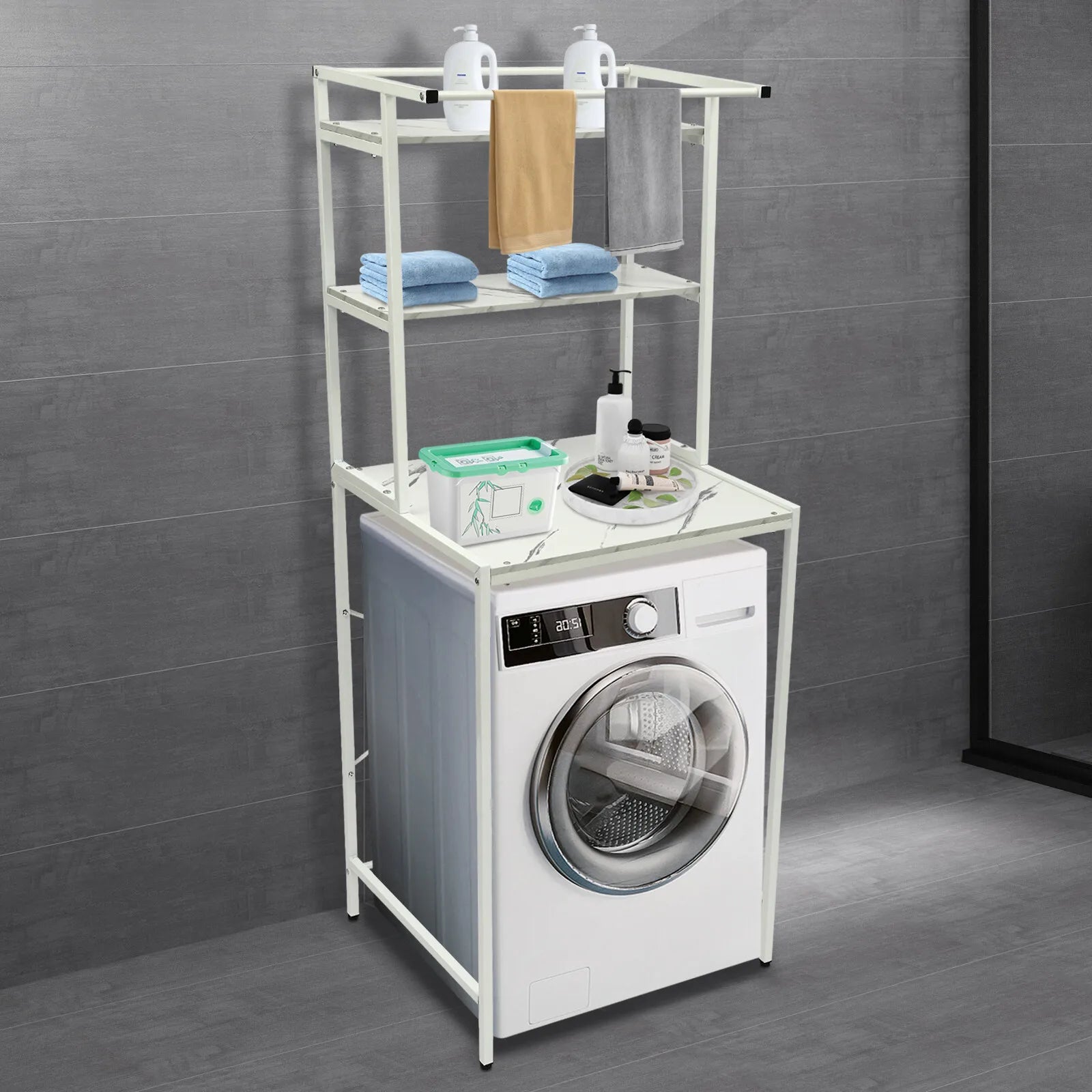 Over The Washer and Dryer Storage Shelf 3-Tier  Bathroom Storage and Organizer Rack for Hanging Towels and Drying Clothes - Louie's Joint 